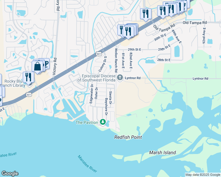 map of restaurants, bars, coffee shops, grocery stores, and more near 917 Siesta Drive in Ellenton