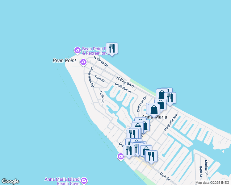 map of restaurants, bars, coffee shops, grocery stores, and more near 107 Gull Drive in Anna Maria