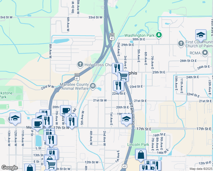 map of restaurants, bars, coffee shops, grocery stores, and more near 2306 2nd Avenue West in Palmetto