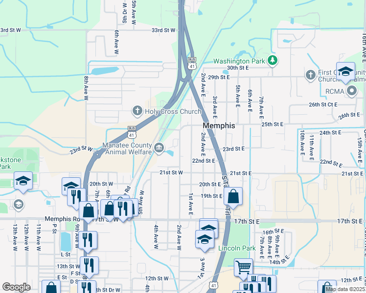 map of restaurants, bars, coffee shops, grocery stores, and more near 2306 2nd Avenue West in Palmetto