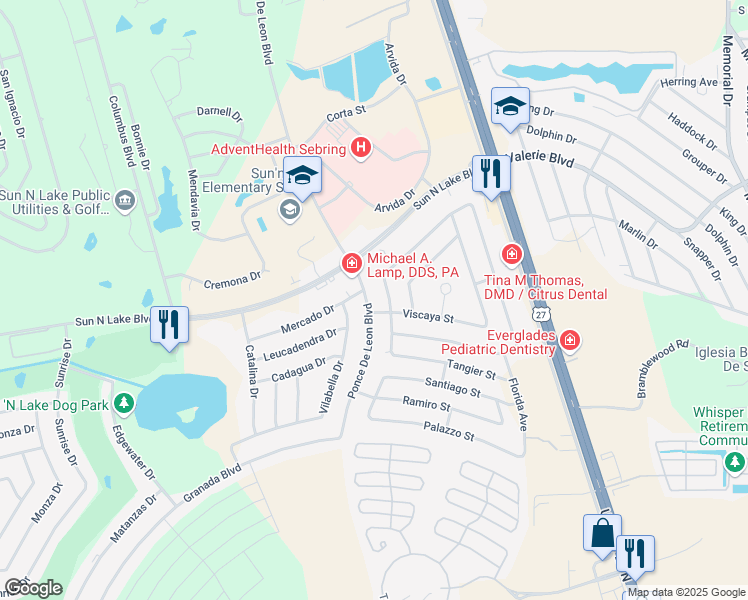 map of restaurants, bars, coffee shops, grocery stores, and more near 4203 Ponce De Leon Boulevard in Sebring