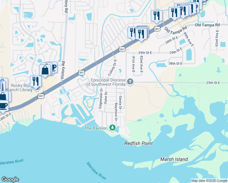 map of restaurants, bars, coffee shops, grocery stores, and more near 495 Ridgewood Lane in Ellenton