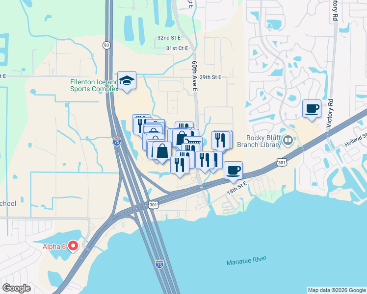 map of restaurants, bars, coffee shops, grocery stores, and more near 5200-5998 25th Street East in Ellenton