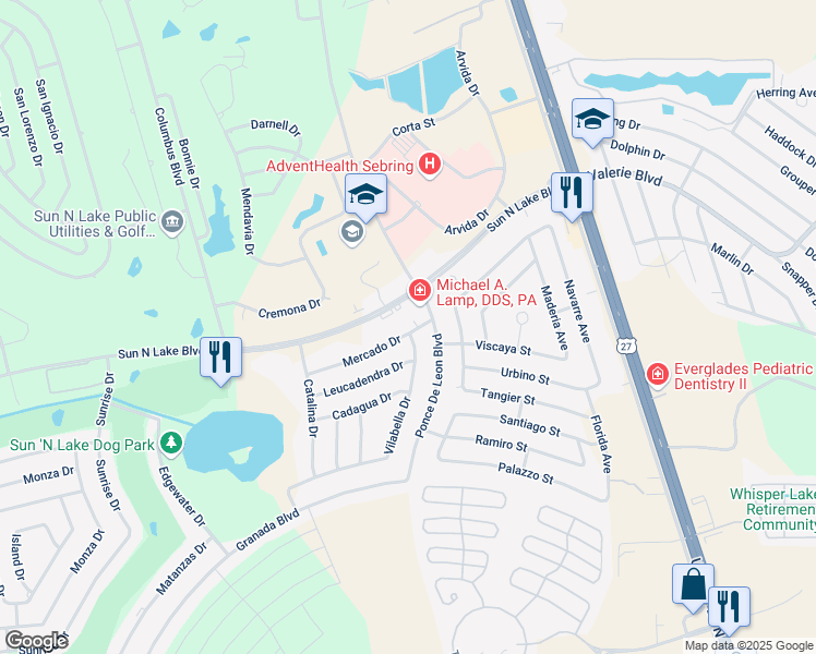 map of restaurants, bars, coffee shops, grocery stores, and more near 4203 Ponce De Leon Boulevard in Sebring