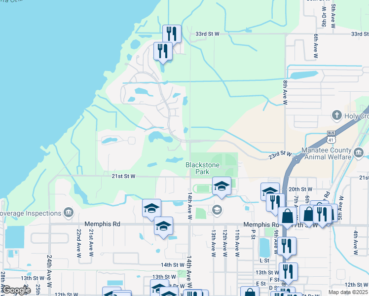 map of restaurants, bars, coffee shops, grocery stores, and more near 2225 14th Avenue West in Palmetto