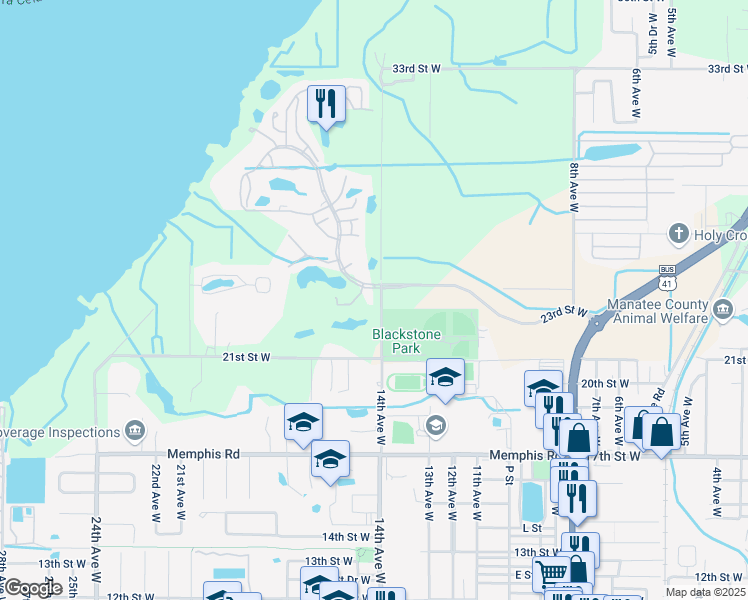 map of restaurants, bars, coffee shops, grocery stores, and more near 2225 14th Avenue West in Palmetto