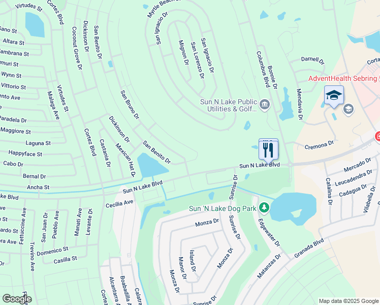 map of restaurants, bars, coffee shops, grocery stores, and more near 5388 Pebble Beach Drive in Sebring
