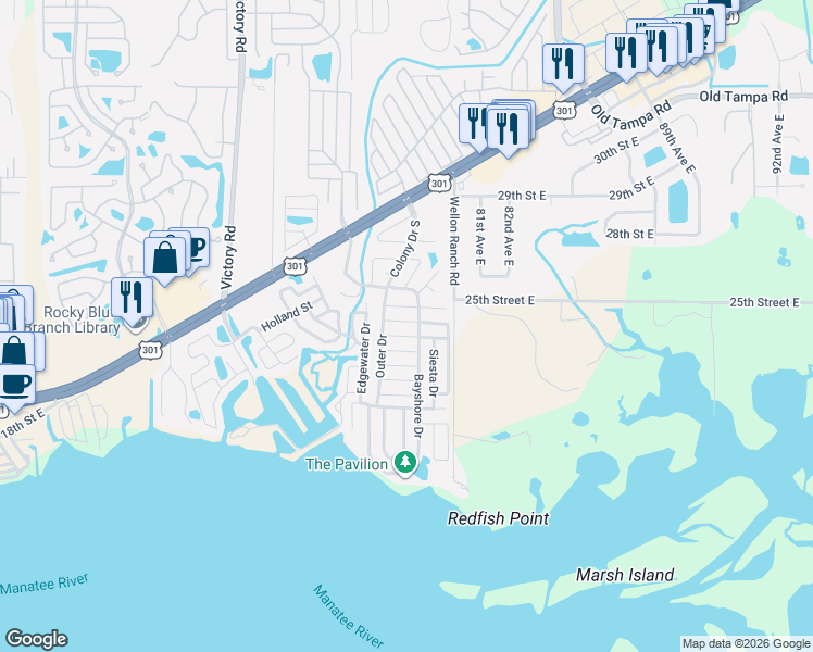 map of restaurants, bars, coffee shops, grocery stores, and more near 495 Ridgewood Lane in Ellenton