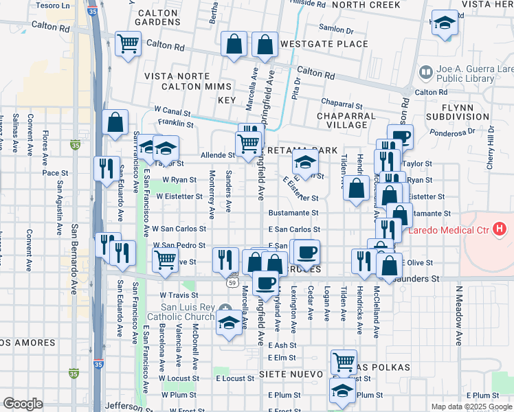 map of restaurants, bars, coffee shops, grocery stores, and more near 318 Bustamante Street in Laredo
