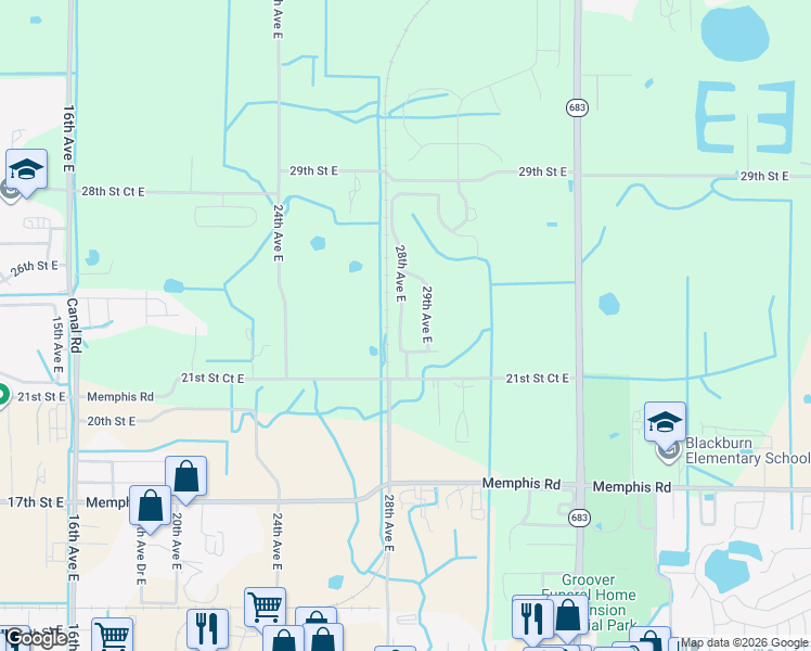 map of restaurants, bars, coffee shops, grocery stores, and more near 2830 22nd Street East in Palmetto
