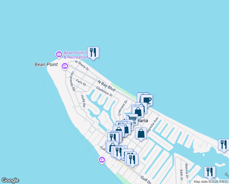 map of restaurants, bars, coffee shops, grocery stores, and more near 101 Pelican Drive in Anna Maria