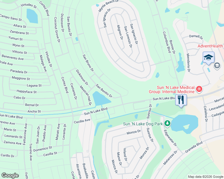 map of restaurants, bars, coffee shops, grocery stores, and more near 7037 San Benito Drive in Sebring