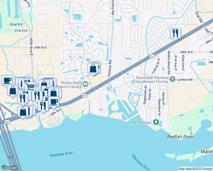 map of restaurants, bars, coffee shops, grocery stores, and more near 108 Rotterdam Avenue in Ellenton