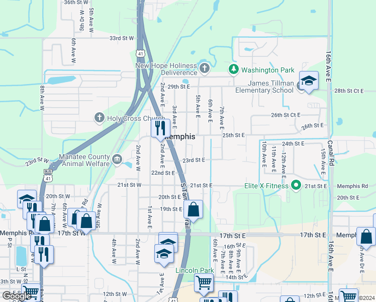 map of restaurants, bars, coffee shops, grocery stores, and more near 2320 4th Avenue East in Palmetto