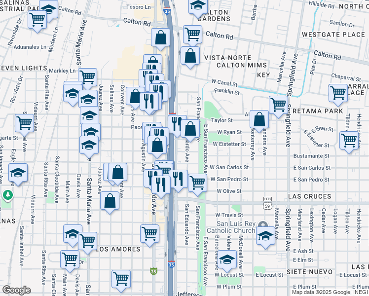 map of restaurants, bars, coffee shops, grocery stores, and more near in Laredo