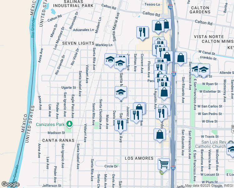 map of restaurants, bars, coffee shops, grocery stores, and more near 1514 Philadelphia Street in Laredo