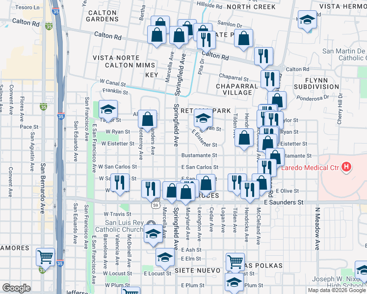 map of restaurants, bars, coffee shops, grocery stores, and more near 418 East Eistetter Street in Laredo