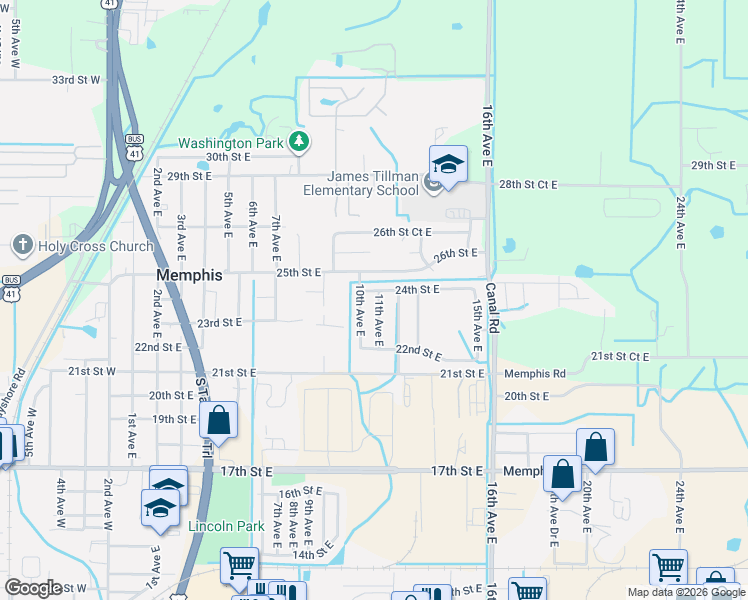 map of restaurants, bars, coffee shops, grocery stores, and more near 2319 11th Avenue East in Palmetto