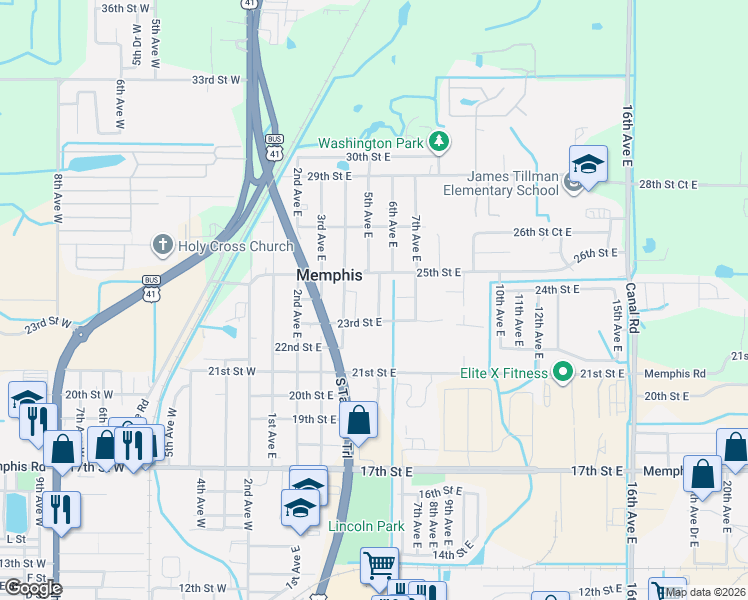 map of restaurants, bars, coffee shops, grocery stores, and more near 2408 4th Avenue East in Palmetto