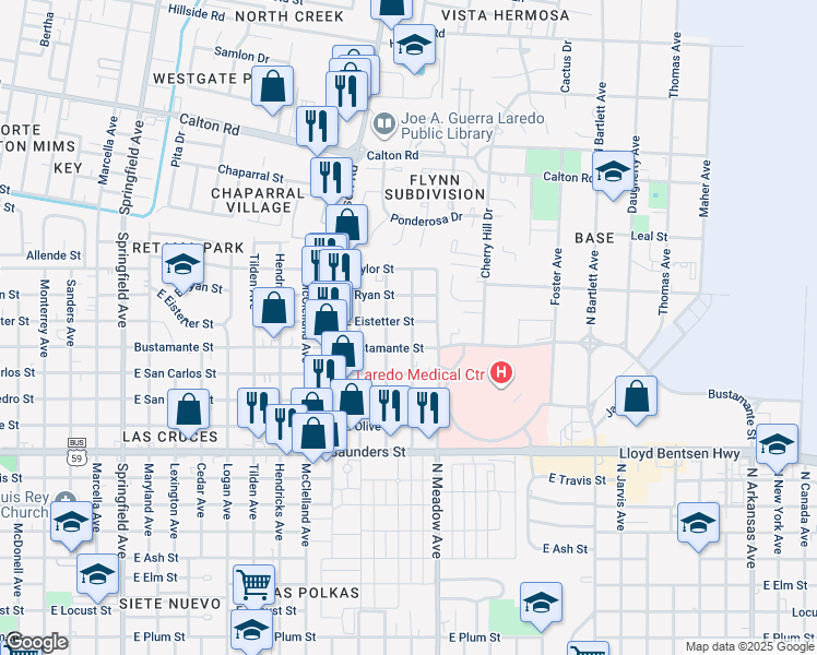 map of restaurants, bars, coffee shops, grocery stores, and more near 1420 E Eistetter St in Laredo