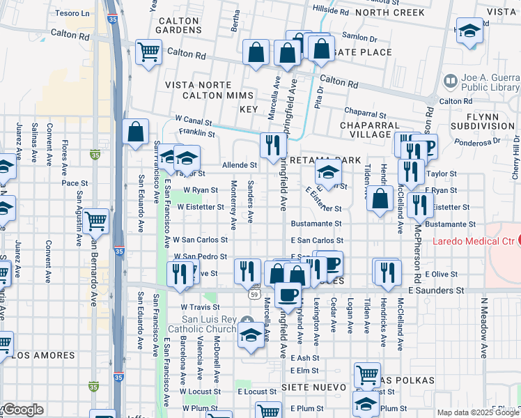 map of restaurants, bars, coffee shops, grocery stores, and more near 302 East Eistetter Street in Laredo
