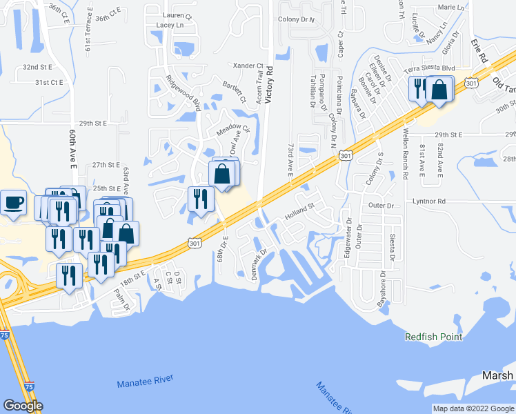 map of restaurants, bars, coffee shops, grocery stores, and more near 7112 U.S. 301 in Ellenton
