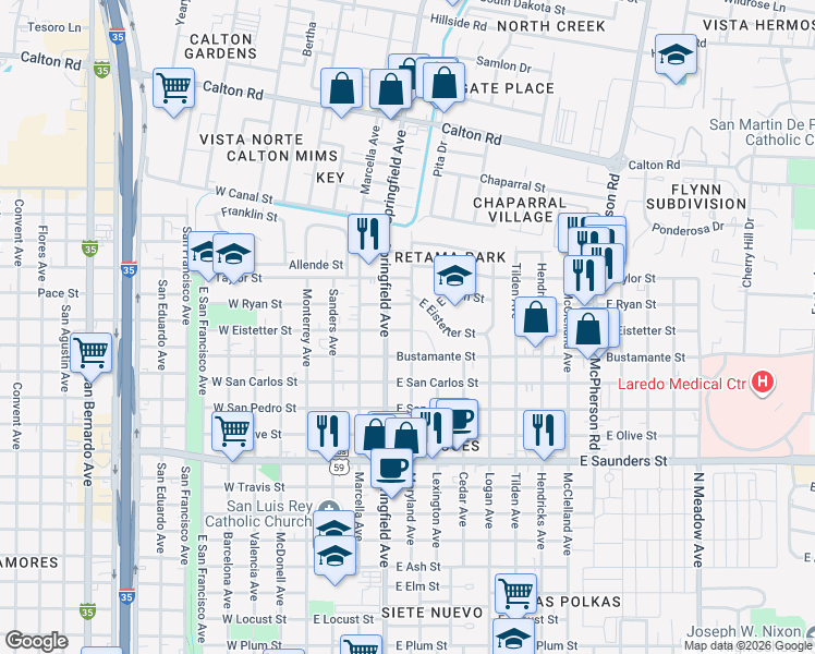 map of restaurants, bars, coffee shops, grocery stores, and more near 418 East Eistetter Street in Laredo