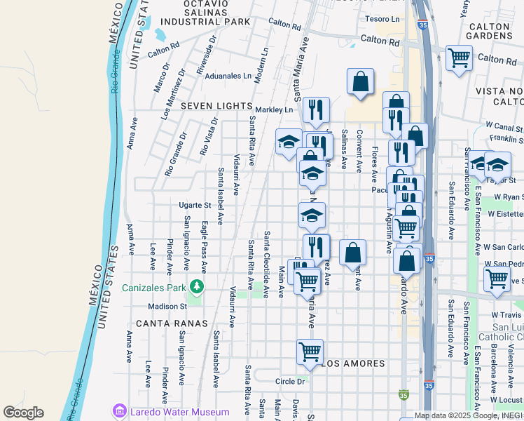 map of restaurants, bars, coffee shops, grocery stores, and more near 3914 Santa Cleotilde Avenue in Laredo