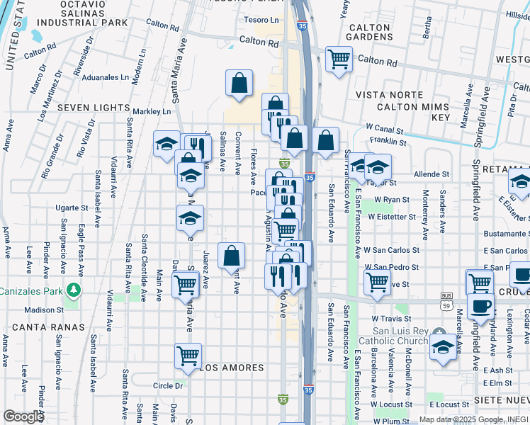 map of restaurants, bars, coffee shops, grocery stores, and more near 3920 San Agustin Avenue in Laredo