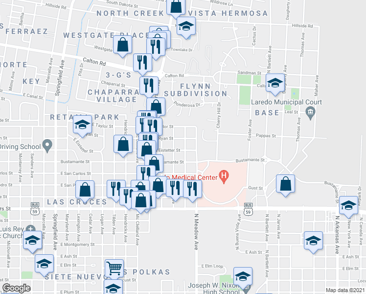 map of restaurants, bars, coffee shops, grocery stores, and more near 1420 E Eistetter St in Laredo