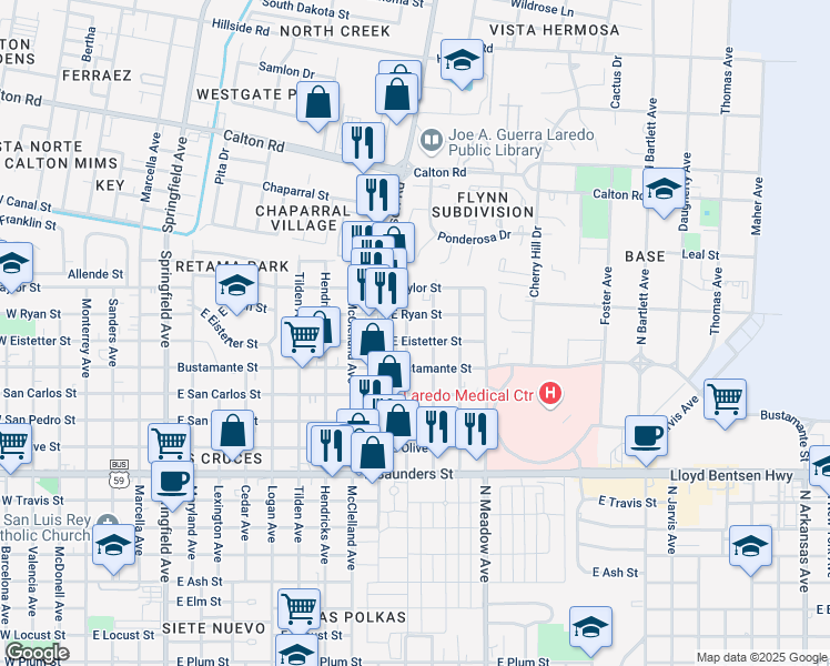 map of restaurants, bars, coffee shops, grocery stores, and more near 4309 North Stone Avenue in Laredo