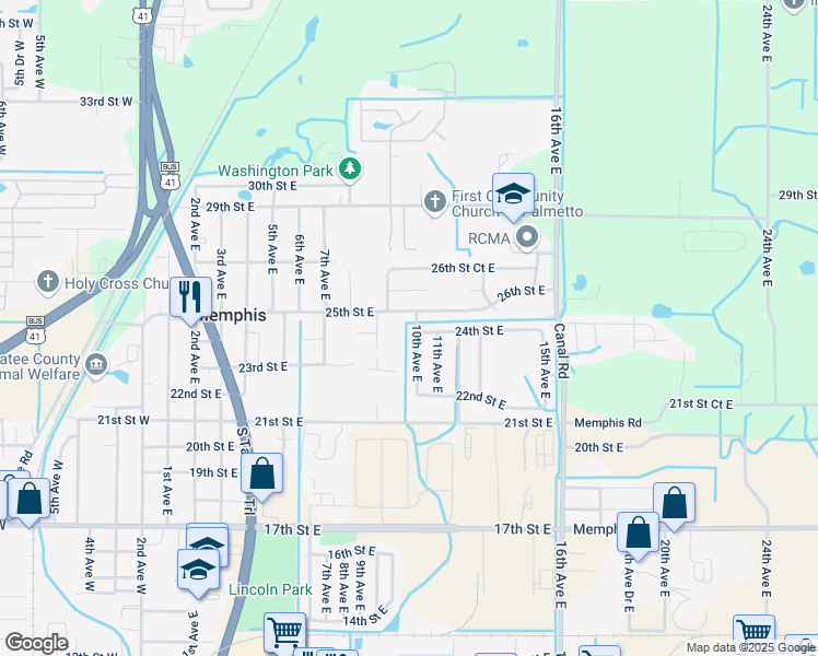 map of restaurants, bars, coffee shops, grocery stores, and more near 2409 10th Avenue East in Palmetto