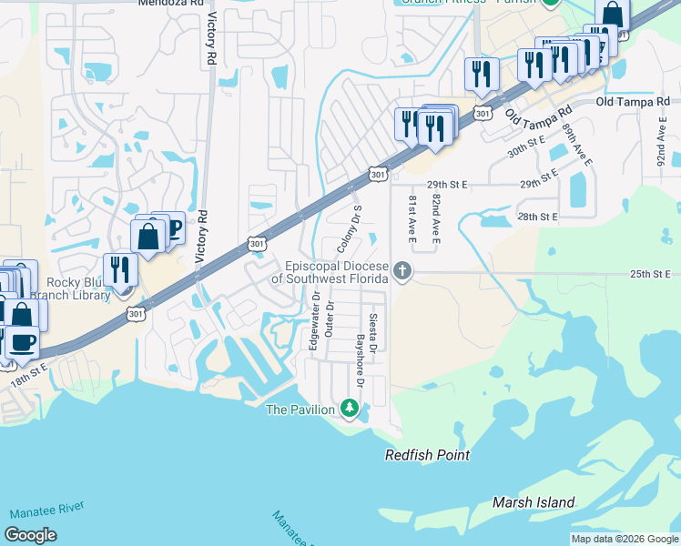 map of restaurants, bars, coffee shops, grocery stores, and more near 496 Outer Drive in Ellenton
