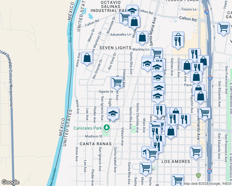 map of restaurants, bars, coffee shops, grocery stores, and more near 3920 Santa Isabel Avenue in Laredo