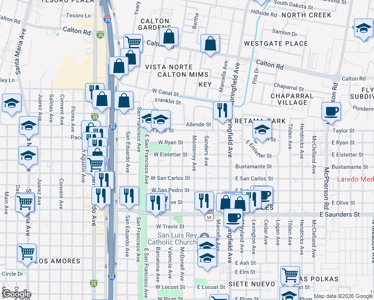 map of restaurants, bars, coffee shops, grocery stores, and more near 120 West Eistetter Street in Laredo