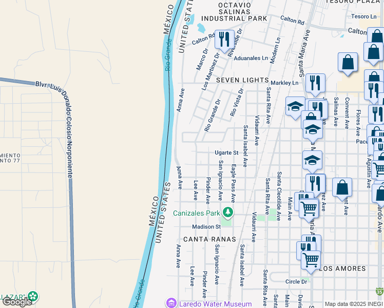 map of restaurants, bars, coffee shops, grocery stores, and more near 3902 Lee Avenue in Laredo