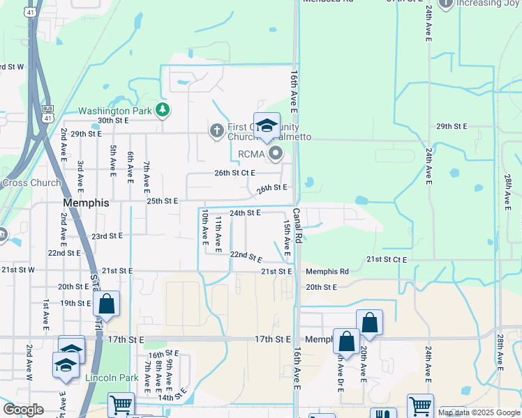 map of restaurants, bars, coffee shops, grocery stores, and more near 1306 24th Street East in Palmetto