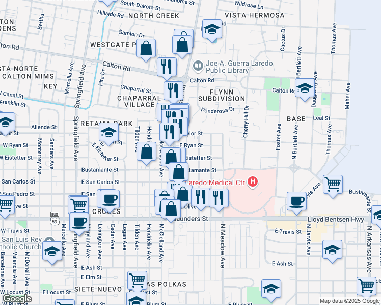 map of restaurants, bars, coffee shops, grocery stores, and more near 4309 N Stone Ave in Laredo