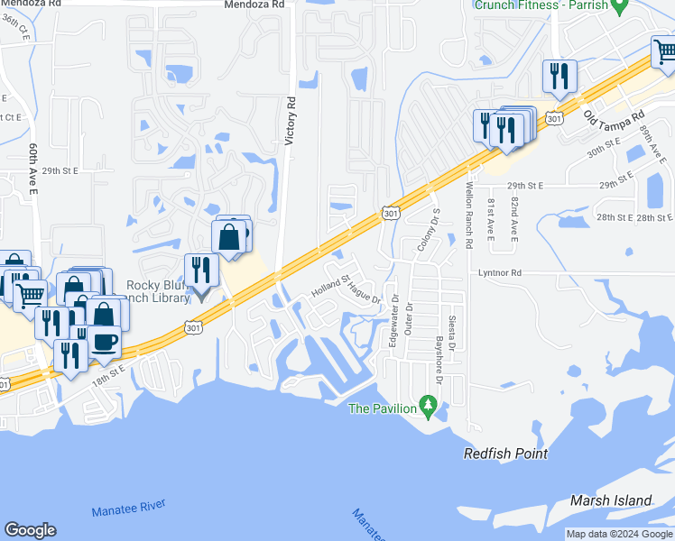 map of restaurants, bars, coffee shops, grocery stores, and more near 213 Dordrecht Street in Ellenton