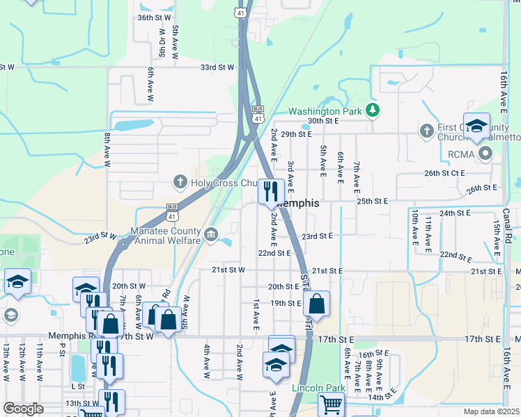 map of restaurants, bars, coffee shops, grocery stores, and more near 2412 1st Avenue East in Palmetto