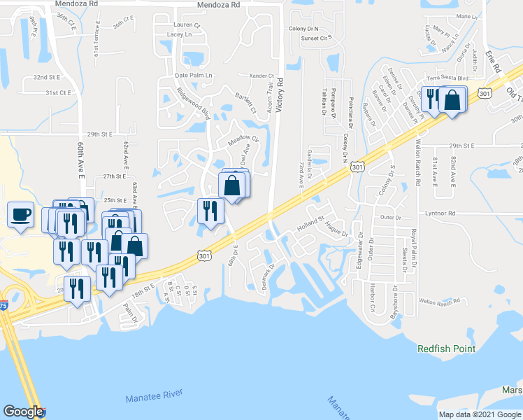 map of restaurants, bars, coffee shops, grocery stores, and more near 7112 U.S. 301 in Ellenton