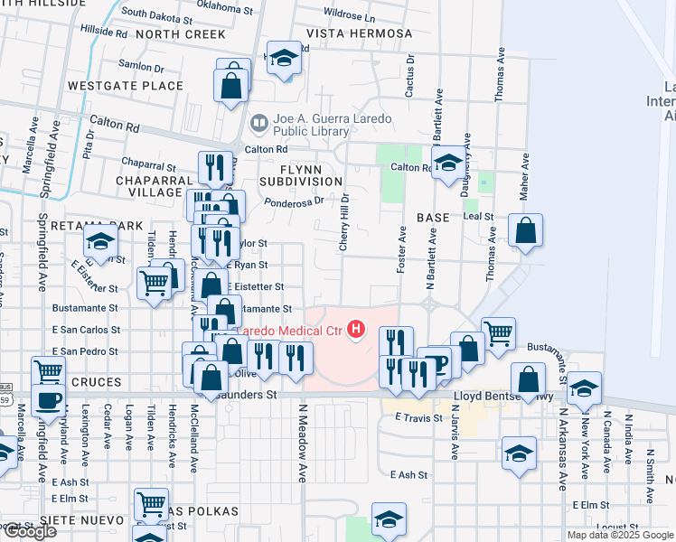 map of restaurants, bars, coffee shops, grocery stores, and more near 590A Sycamore Lane in Laredo