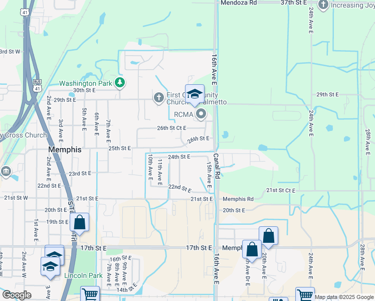 map of restaurants, bars, coffee shops, grocery stores, and more near 1306 24th Street East in Palmetto