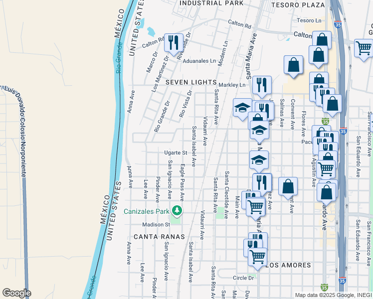 map of restaurants, bars, coffee shops, grocery stores, and more near 3920 Santa Isabel Avenue in Laredo