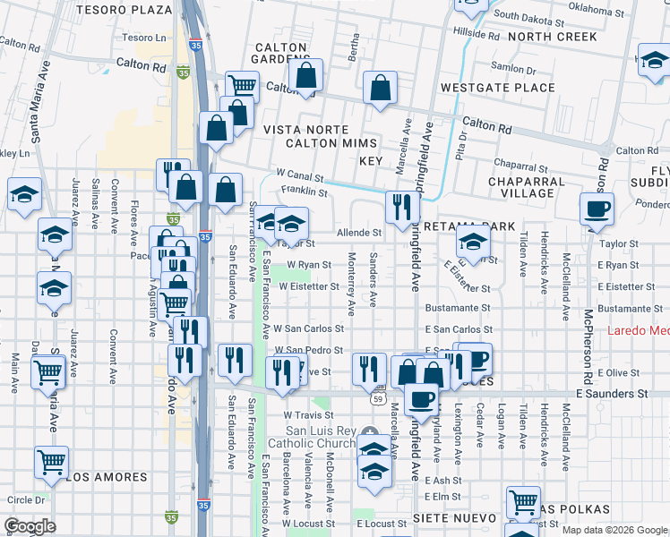 map of restaurants, bars, coffee shops, grocery stores, and more near 120 West Eistetter Street in Laredo