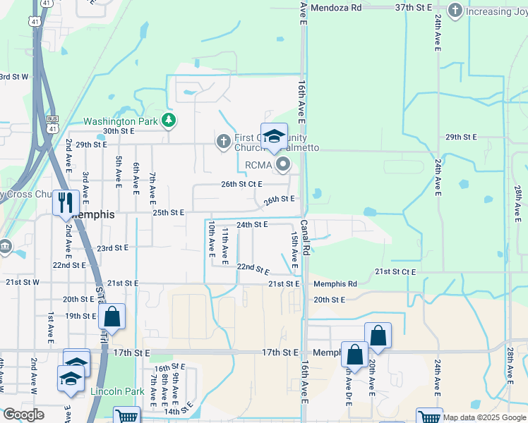 map of restaurants, bars, coffee shops, grocery stores, and more near 1306 24th Street East in Palmetto