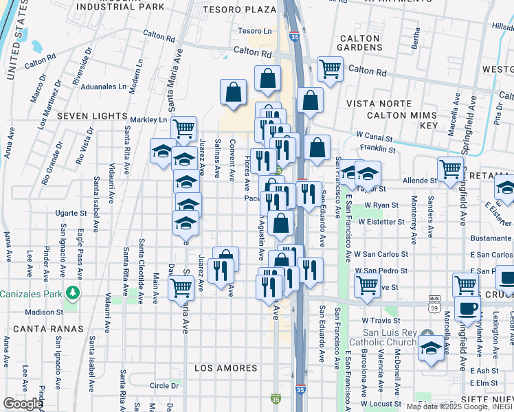 map of restaurants, bars, coffee shops, grocery stores, and more near 3920 San Agustin Avenue in Laredo