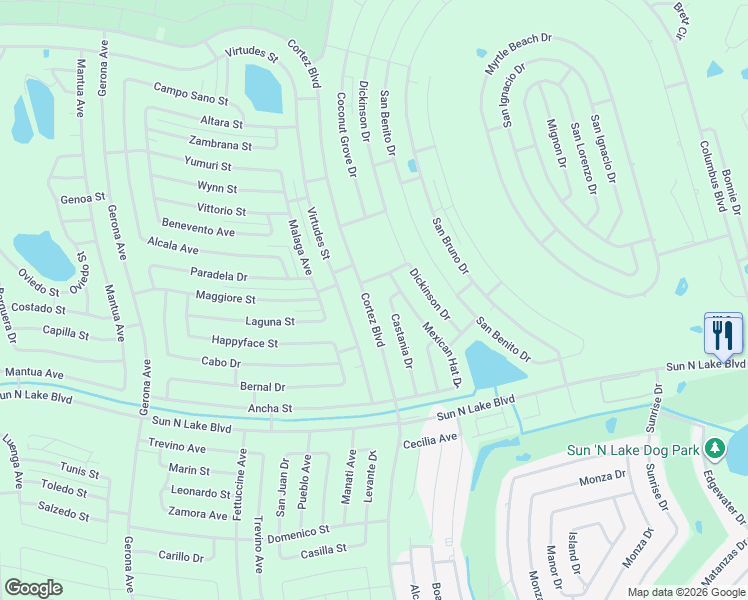 map of restaurants, bars, coffee shops, grocery stores, and more near 5549 Castania Drive in Sebring