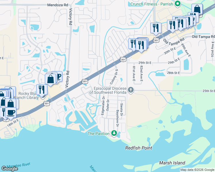 map of restaurants, bars, coffee shops, grocery stores, and more near 496 Outer Drive in Ellenton