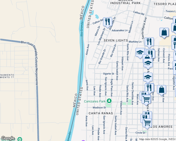 map of restaurants, bars, coffee shops, grocery stores, and more near 3902 Lee Avenue in Laredo